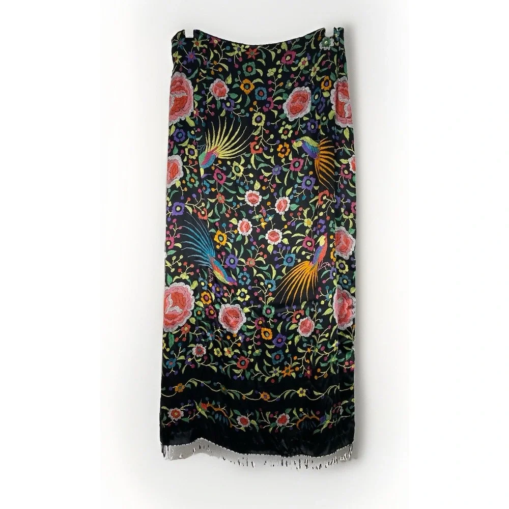 Clio Women's 12 Black Colorful Satin Floral Bird Beaded Fringe Maxi Skirt